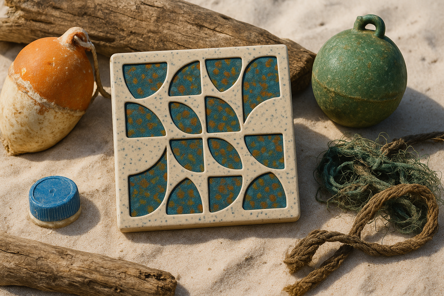 RELIQUIA PLASTICA tile with ocean plastic source materials on Portuguese beach