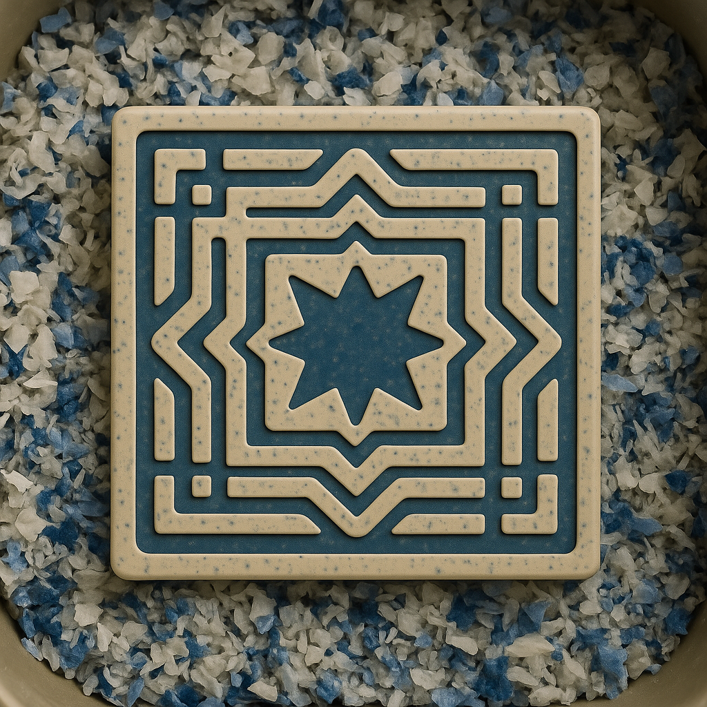 RELIQUIA PLASTICA tile with ocean plastic source materials on Portuguese beach